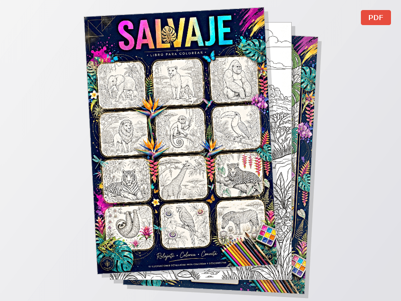 SALVAJE • 12 Láminas para Colorear de Animales Salvajes • Descarga inmediata PDF
