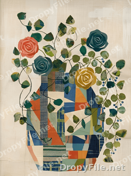 Lámina decorativa Jarrón floral de collage, pintura de rosas en recipiente con retazos en tela.