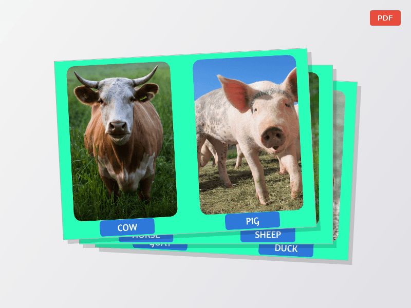 8 flashcards de animales de la granja en inglés (2 por hoja) — Documentos